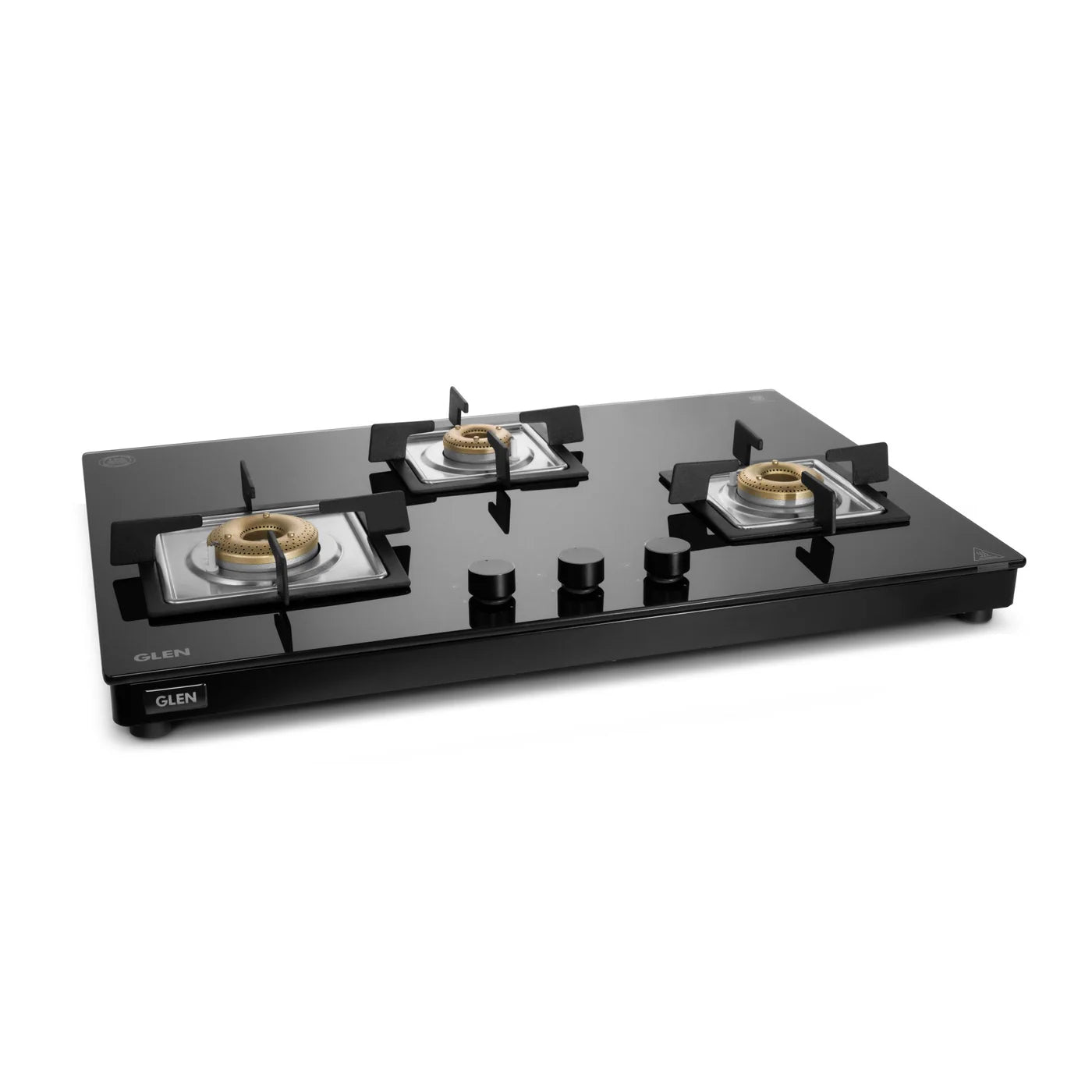 Glen 3 Burner Hob Ultra Slim Free Standing Auto Ignition Hob Top | Built-In Hob Free Standing Hob | 8 MM Toughened Glass | Black | Forged brass burners | Warranty 2 Years Standard | (BH1073USBL75)