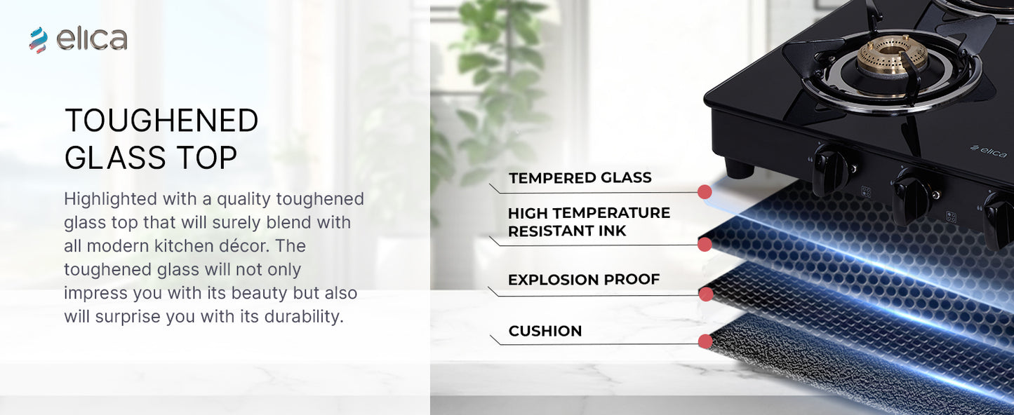Elica Vetro Glass Top 4 Burner Gas Stove (CT VETRO 460 BLK)Open,Black