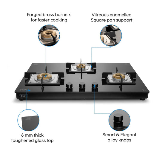 Glen 3 Burner Hob Ultra Slim Free Standing Auto Ignition Hob Top | Built-In Hob Free Standing Hob | 8 MM Toughened Glass | Black | Forged brass burners | Warranty 2 Years Standard | (BH1073USBL75)