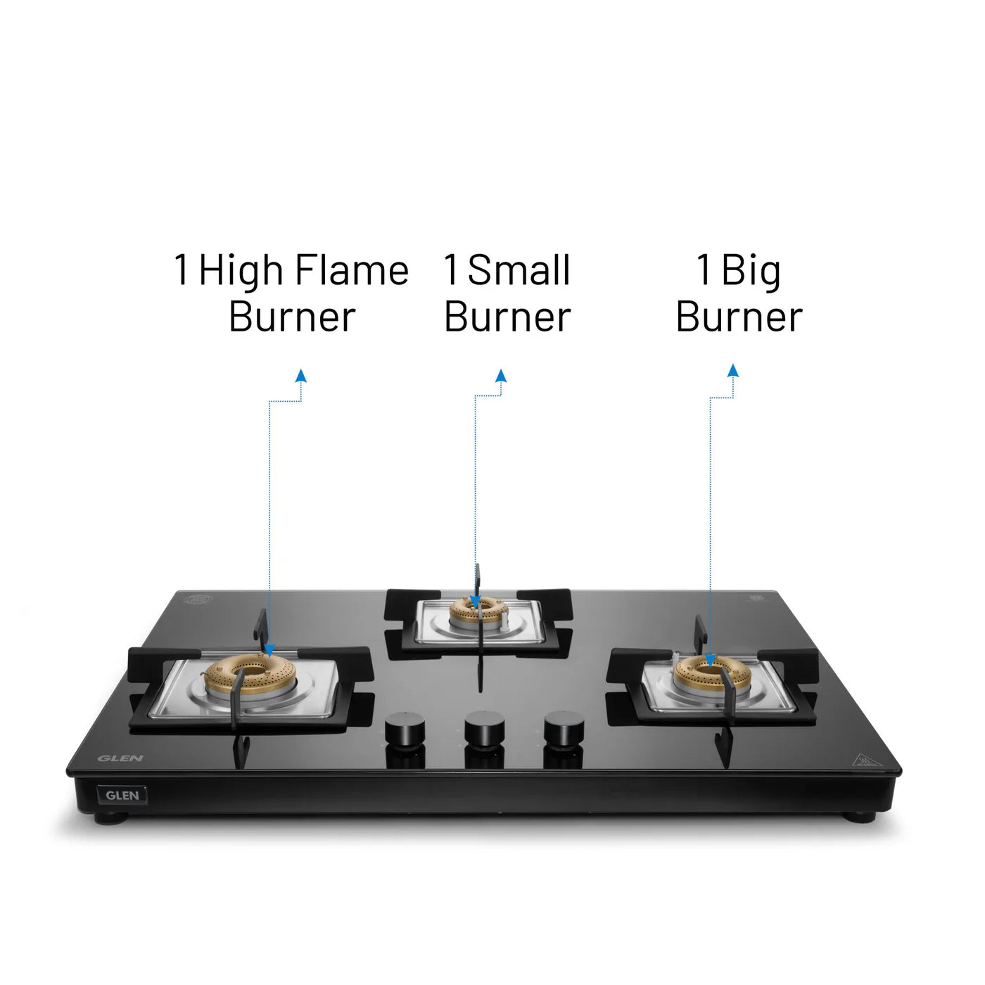 Glen 3 Burner Hob Ultra Slim Free Standing Auto Ignition Hob Top | Built-In Hob Free Standing Hob | 8 MM Toughened Glass | Black | Forged brass burners | Warranty 2 Years Standard | (BH1073USBL75)
