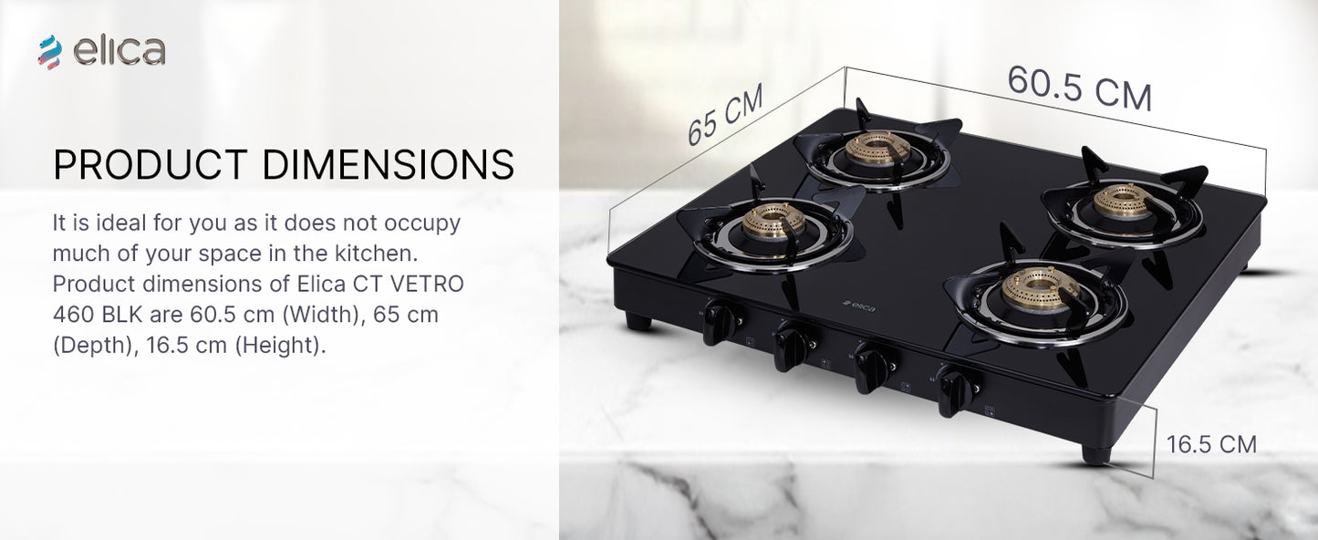 Elica Vetro Glass Top 4 Burner Gas Stove (CT VETRO 460 BLK)Open,Black