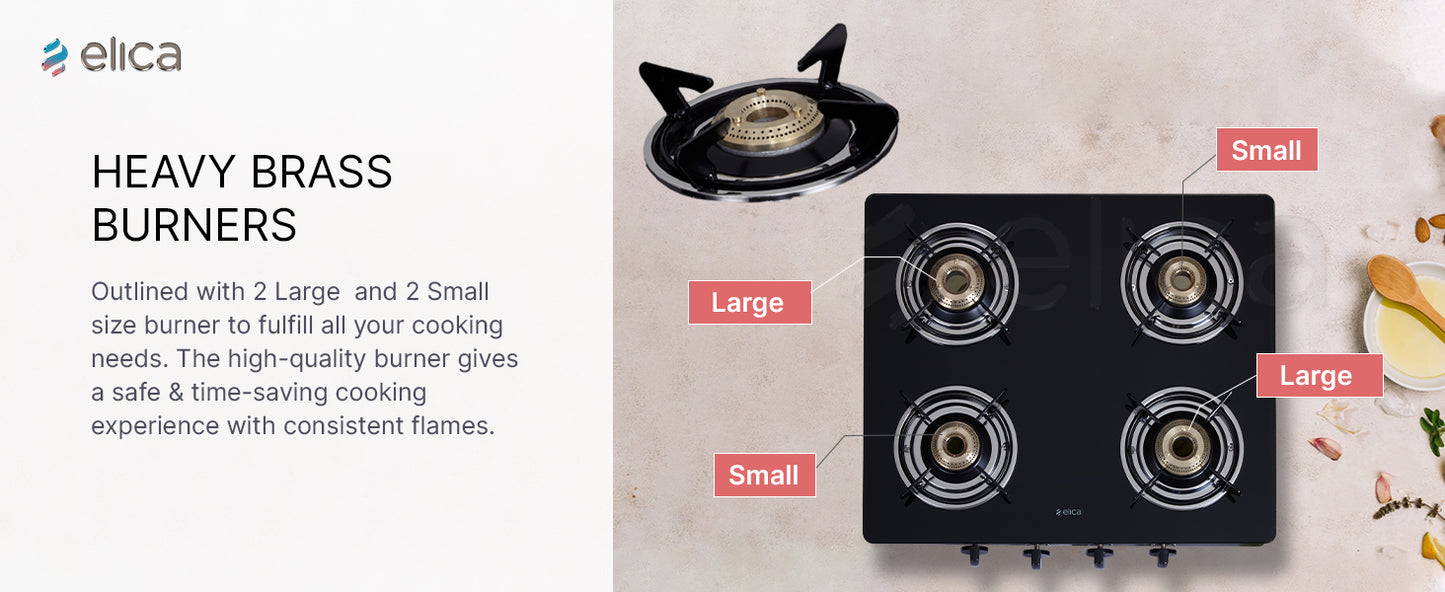 Elica Vetro Glass Top 4 Burner Gas Stove (CT VETRO 460 BLK)Open,Black