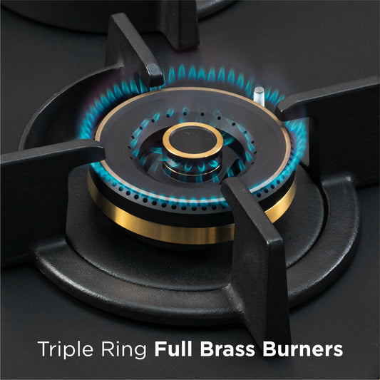 4 Burner DFVS Matte Glass Hob Top 2 Triple Ring Full Brass Burners Auto Ignition (BH-1074RCIHTDFT2TRMG)