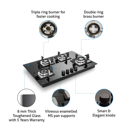 4 Burner Glass Gas Hob Top Mini Triple Ring Burner Double Ring Forged Brass Burner Auto Ignition (1074SQHTMTR)