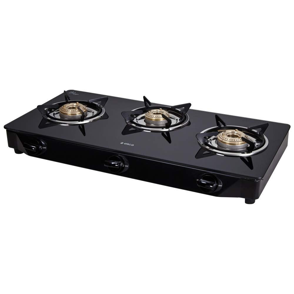Elica Vetro 3 Burner Gas Stove (7031 CT VETRO Black) | Manual Ignition | Toughened Glass Top | High-Efficiency Brass Burners | Elegant Design | 2-Year Warranty