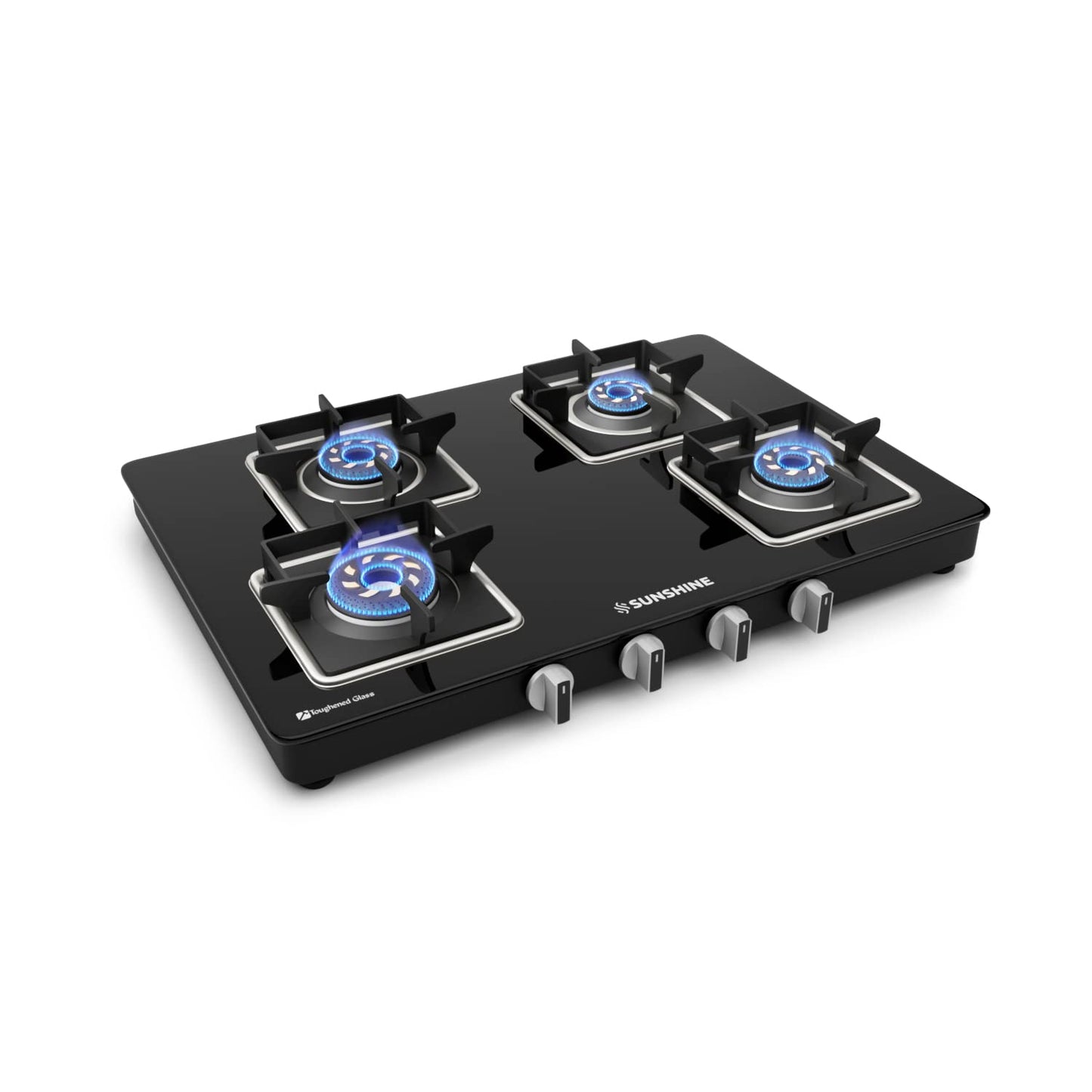Sunshine Storm - Aircross 4 Burner | Ultra Slimmest 4 Burner Gas Stove | Tempered Glass, Forged Brass Burner, 360°Rotating Brass Gas Nozzle | Manual Ignition | LPG Ready & PNG Compatible (Premium - Black)