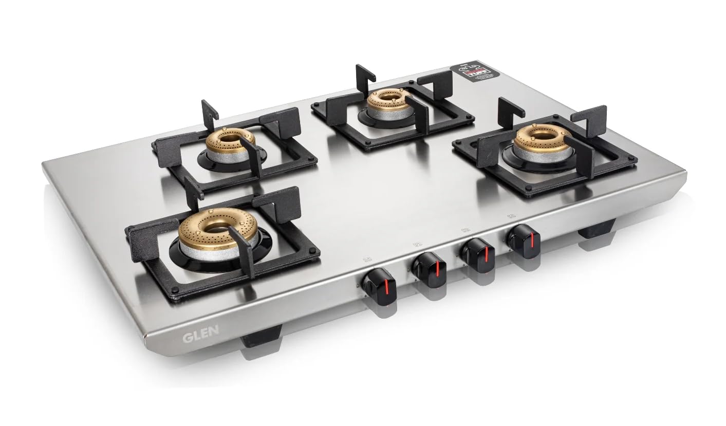 Glen Gas Stove 4 Burner Ultra Tuff Stainless Steel PNG Gas Stoves Silver | Forged 4 Brass Burner Gas Stove | Revolving Inlet Nozzle 1054 UT SS PN (Manual Ignition)