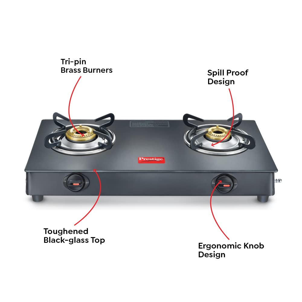 Prestige Magic plus Toughened Glass-Top 2 Brass Burner LPG Gas Stove(GTMP-02) | Black Spill Proof Design | Ergonomic Knob | Tri-Pin Burner