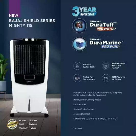 Bajaj Shield Series Mighty 115 Litre Desert Air Cooler For Home With Dura Marine Pro Pump| Dura Tuff Pro Motor| 3-Yr Warranty | Hexacool & Turbofan Technology | Ice Chamber | 3-Speed Control 【White】