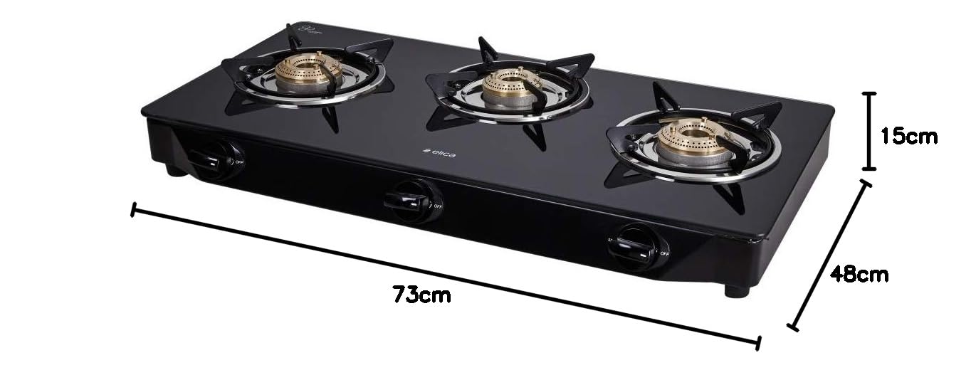 Elica Vetro 3 Burner Gas Stove (7031 CT VETRO Black) | Manual Ignition | Toughened Glass Top | High-Efficiency Brass Burners | Elegant Design | 2-Year Warranty