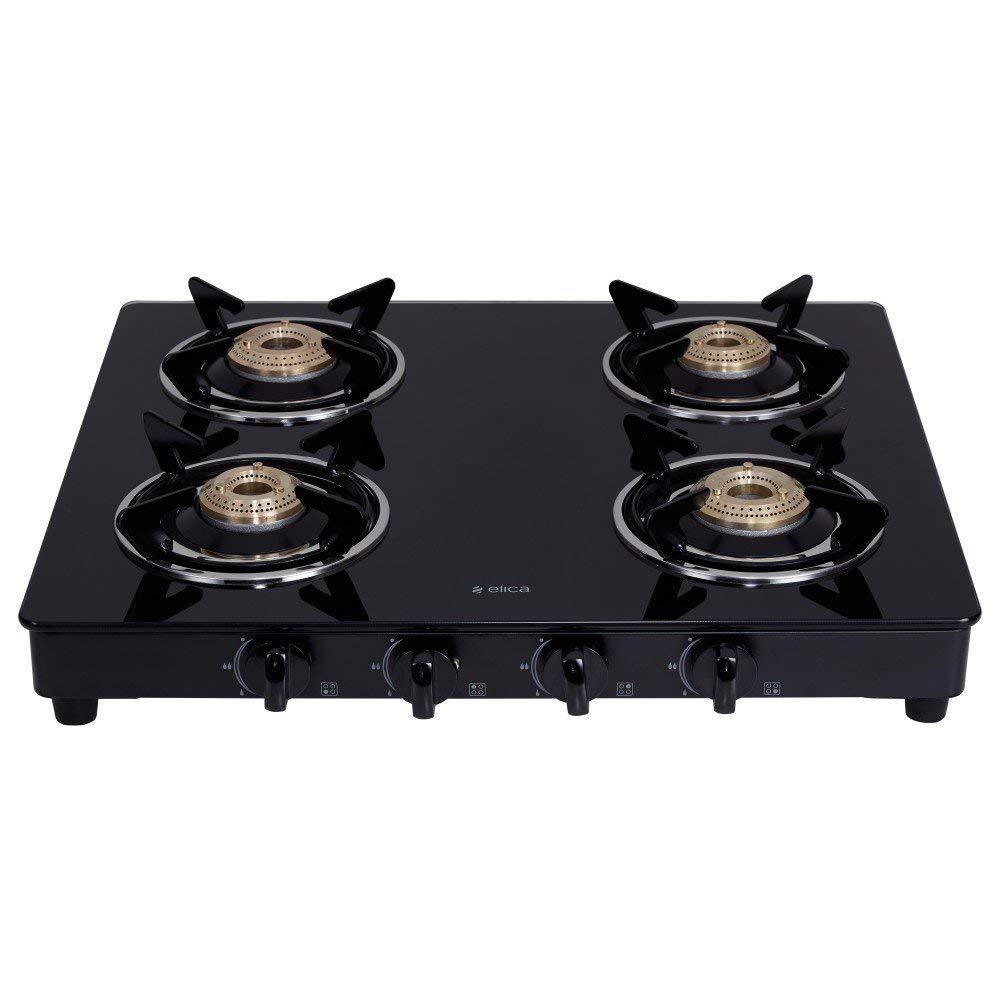 Elica Vetro Glass Top 4 Burner Gas Stove (CT VETRO 460 BLK)Open,Black