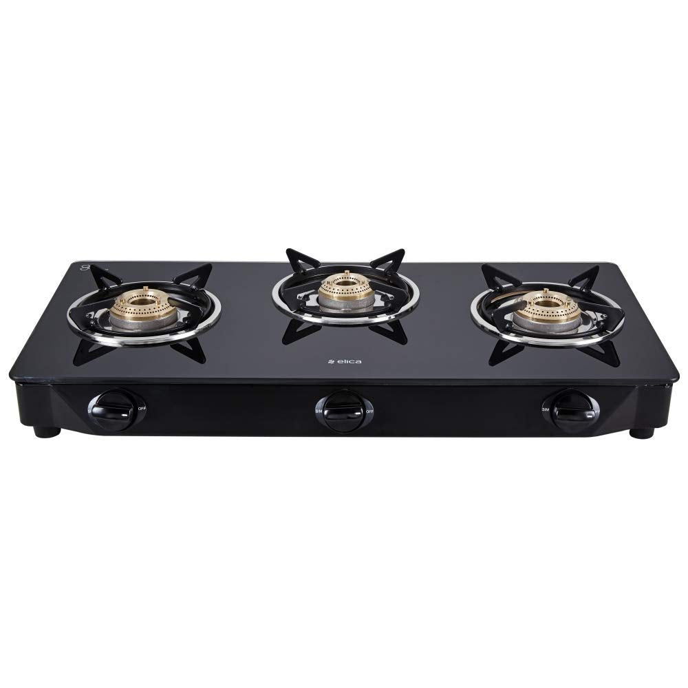Elica Vetro 3 Burner Gas Stove (7031 CT VETRO Black) | Manual Ignition | Toughened Glass Top | High-Efficiency Brass Burners | Elegant Design | 2-Year Warranty
