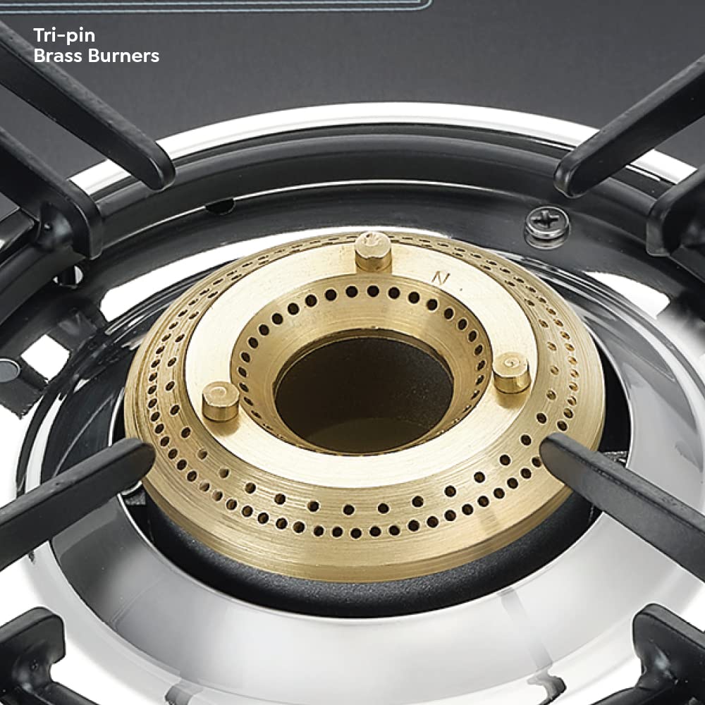 Prestige Magic plus Toughened Glass-Top 2 Brass Burner LPG Gas Stove(GTMP-02) | Black Spill Proof Design | Ergonomic Knob | Tri-Pin Burner