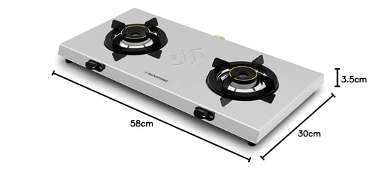 Sunshine Brio Falcon 2 Burner | Ultra Slim 2 Burner Stainless Steel Gas Stove | Ergonomic Knob, Brass Burner, 5G Technology | Manual Ignition, LPG Ready & PNG Compatible (Silver)
