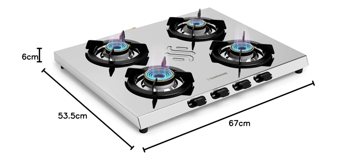 Sunshine Brio Falcon 4 Burner | Ultra Slim 4 Burner Stainless Steel Gas Stove | Ergonomic Knob, Brass Burner, 5G Technology | Manual Ignition, LPG Ready & PNG Compatible (Silver)