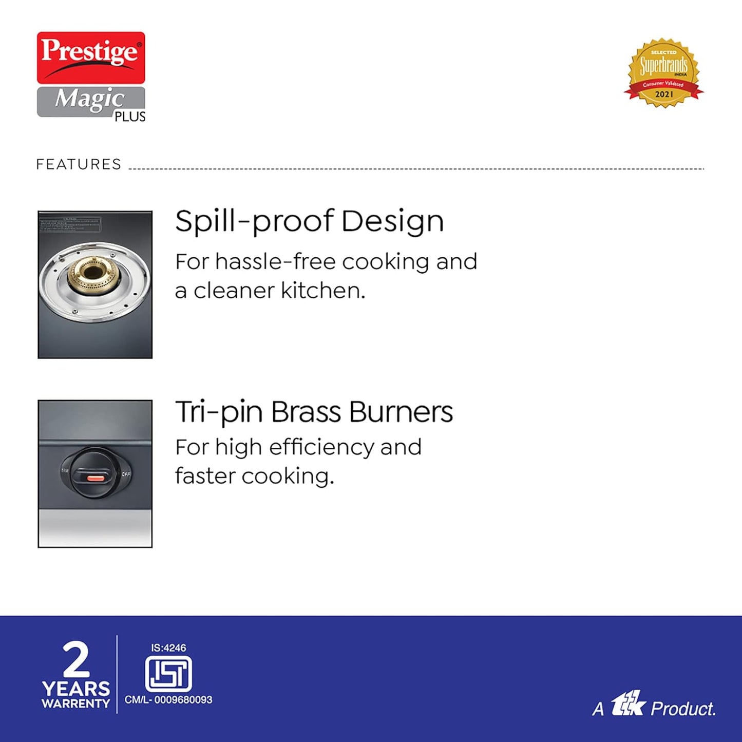 Prestige Magic plus Toughened Glass-Top 2 Brass Burner LPG Gas Stove(GTMP-02) | Black Spill Proof Design | Ergonomic Knob | Tri-Pin Burner