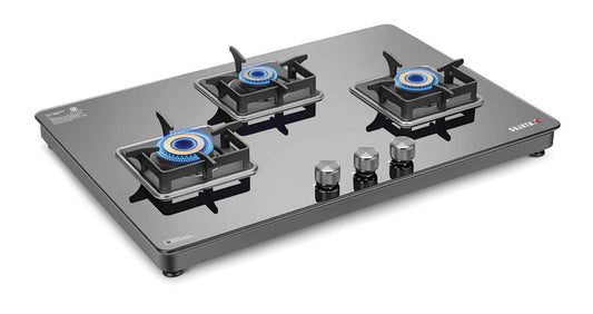 Sujata 3 Burner Gas Stove Glass Top | 9 Years Warranty | Premium Gas Stove with Jumbo Brass Burners | SABAF Technology | ISI Certified | LPG & PNG Compatible | Manual (Black)