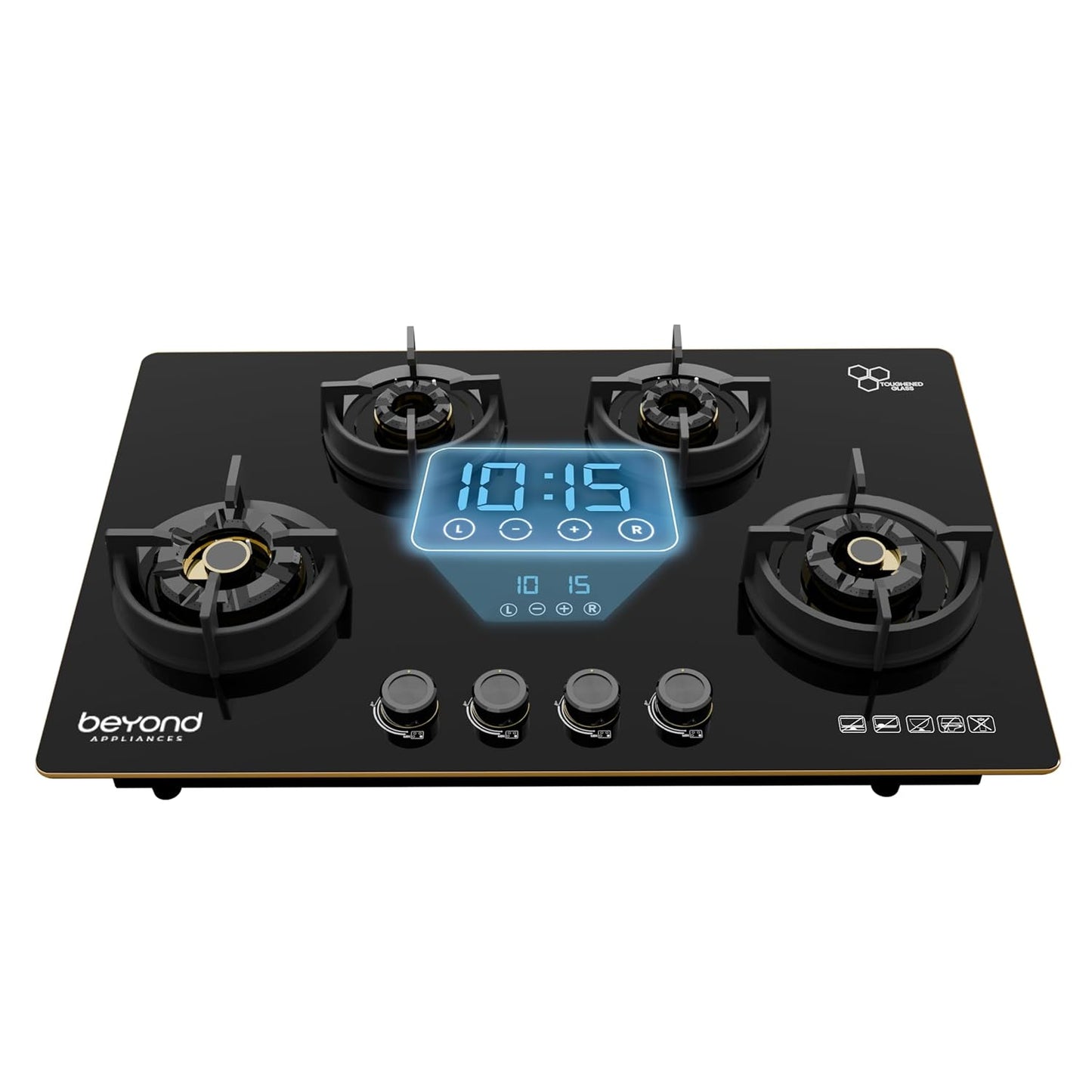 Beyond Appliances Altair 4 Burner Smart Glass Hobtop Gas Stove | Auto Ignition | Digital Timer | Flame Failure Device | Jumbo Burner | Toughened Glass | LPG & PNG Compatible Kitchen Etto