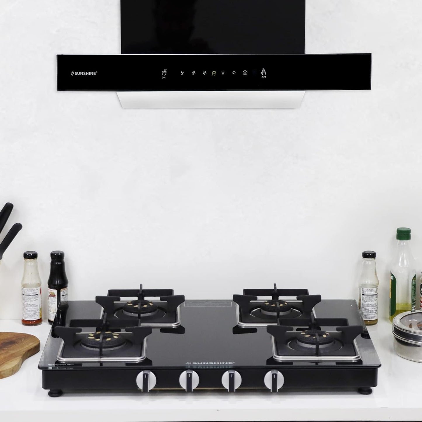 Sunshine Storm - Aircross 4 Burner | Ultra Slimmest 4 Burner Gas Stove | Tempered Glass, Forged Brass Burner, 360°Rotating Brass Gas Nozzle | Manual Ignition | LPG Ready & PNG Compatible (Premium - Black)