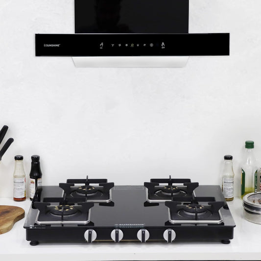 Sunshine Storm - Aircross 4 Burner | Ultra Slimmest 4 Burner Gas Stove | Tempered Glass, Forged Brass Burner, 360°Rotating Brass Gas Nozzle | Manual Ignition | LPG Ready & PNG Compatible (Premium - Black)