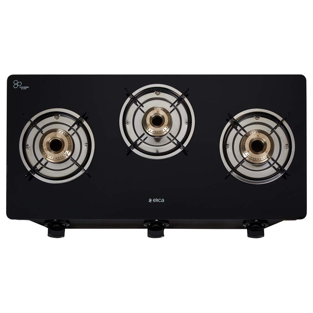 Elica Vetro 3 Burner Gas Stove (7031 CT VETRO Black) | Manual Ignition | Toughened Glass Top | High-Efficiency Brass Burners | Elegant Design | 2-Year Warranty