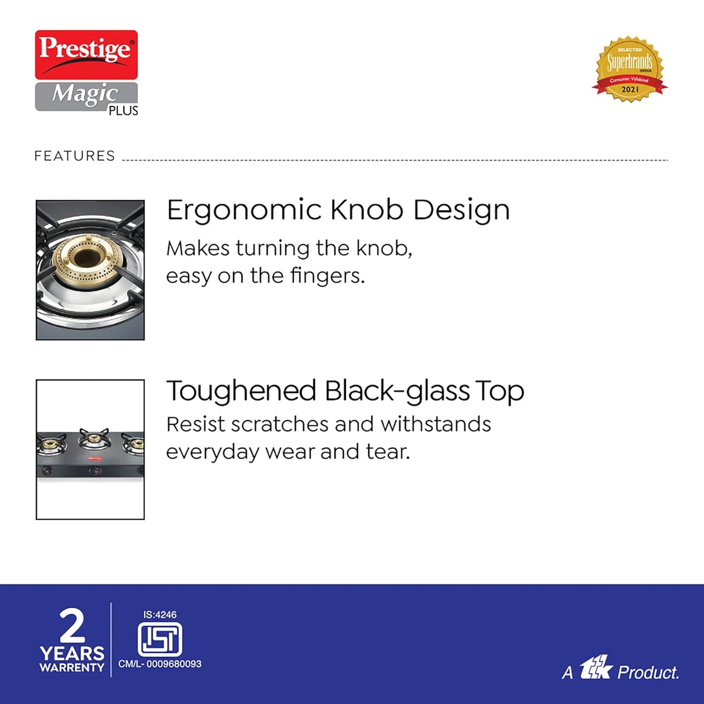 Prestige Magic plus Toughened Glass-Top 3 Brass Burner LPG Gas Stove(GTMP-03) | Black Spill Proof Design | Ergonomic Knob | Tri-Pin Burner