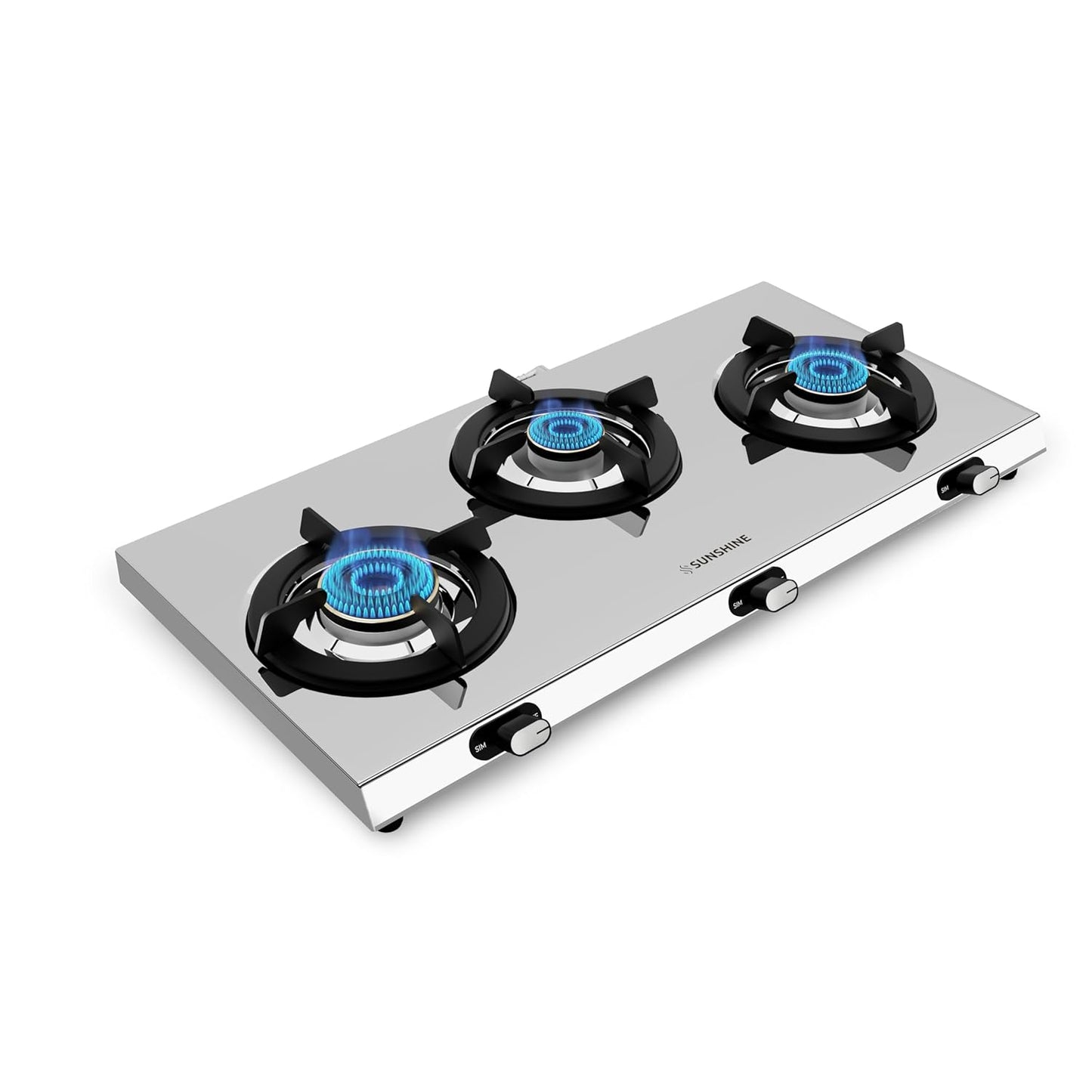 Sunshine Brio Falcon 3 Burner | Ultra Slim 3 Burner Stainless Steel Gas Stove | Ergonomic Knob | Manual Ignition | 5G technology, LPG Ready & PNG Compatible (Silver)