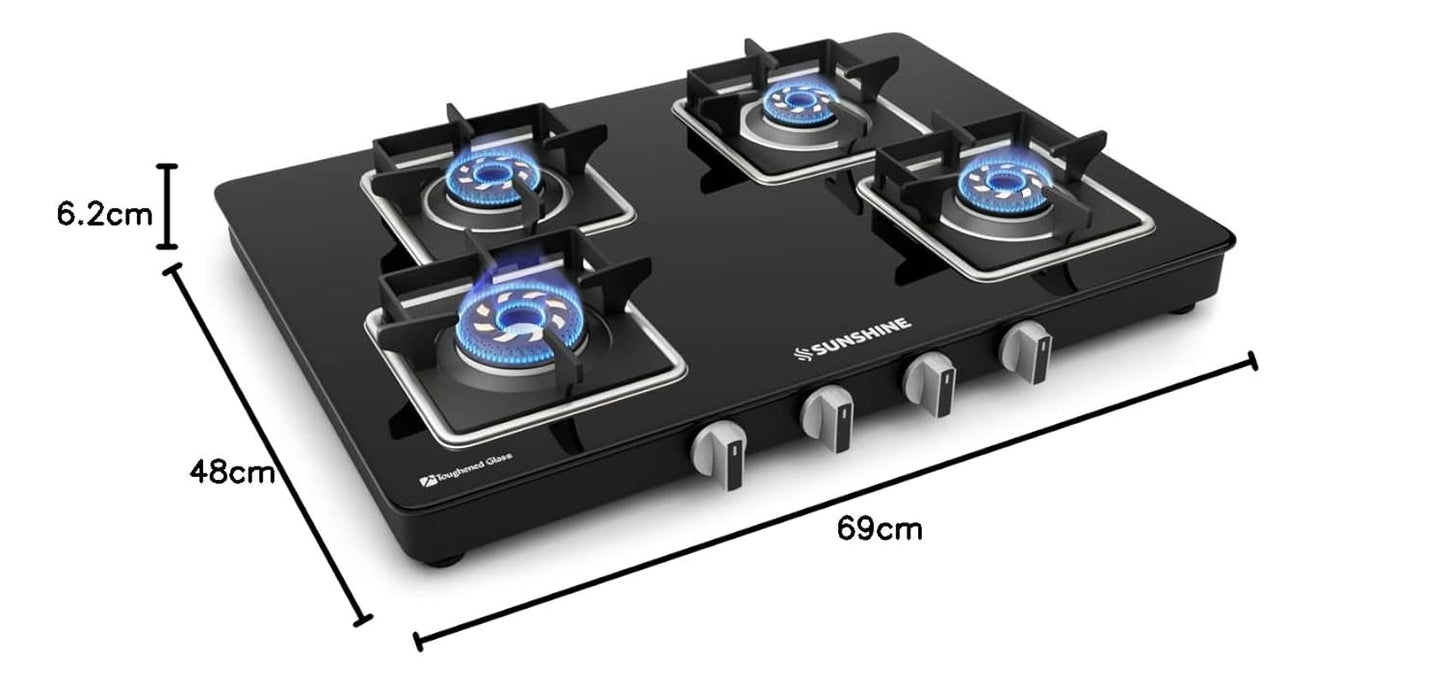Sunshine Storm - Aircross 4 Burner | Ultra Slimmest 4 Burner Gas Stove | Tempered Glass, Forged Brass Burner, 360°Rotating Brass Gas Nozzle | Manual Ignition | LPG Ready & PNG Compatible (Premium - Black)