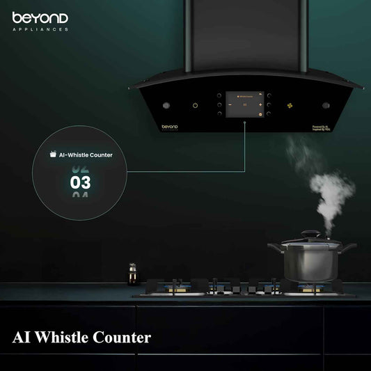 Beyond Appliances Arista 60cm Auto Clean Curve Kitchen Chimney | 1408 CMH Suction | Filterless | Smart AI Dashboard, Motion Sensor & Speakers | Touch Control | Radio | Whistle Counter | Black