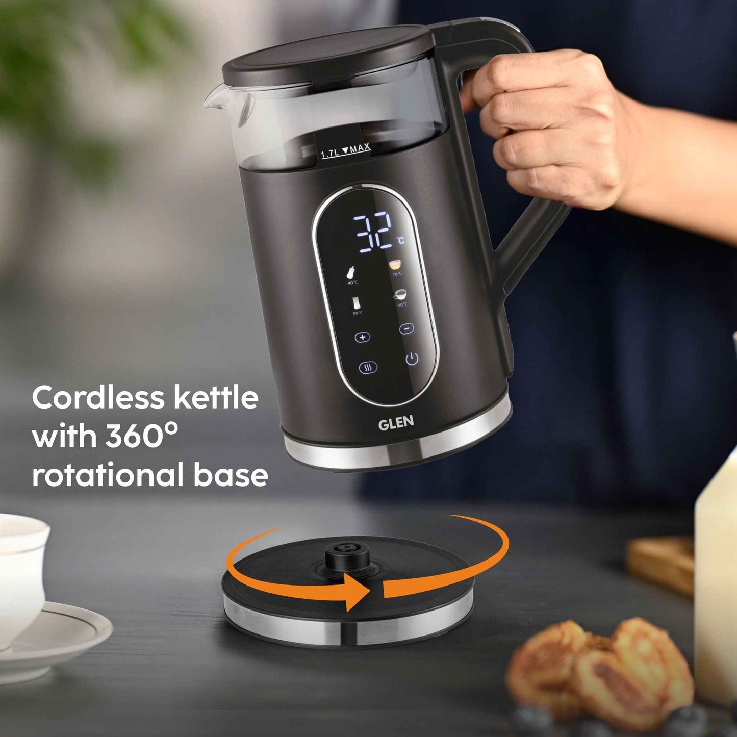 Electric Kettle 1.5 Litre with Digital Display Touch Control and 4 Pre Set Functions, Auto Shutoff, 2000W (SA-9008GLBL)