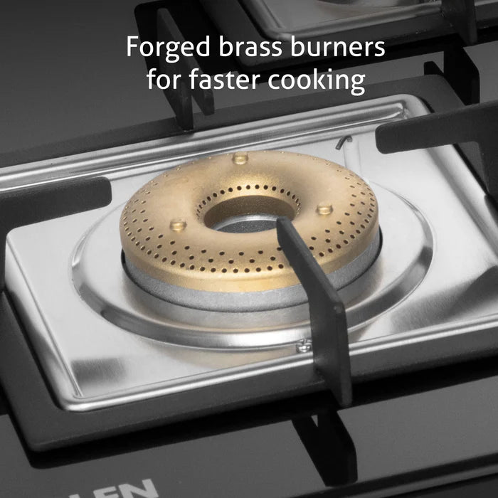 Glen 3 Burner Hob Ultra Slim Free Standing Auto Ignition Hob Top | Built-In Hob Free Standing Hob | 8 MM Toughened Glass | Black | Forged brass burners | Warranty 2 Years Standard | (BH1073USBL75)
