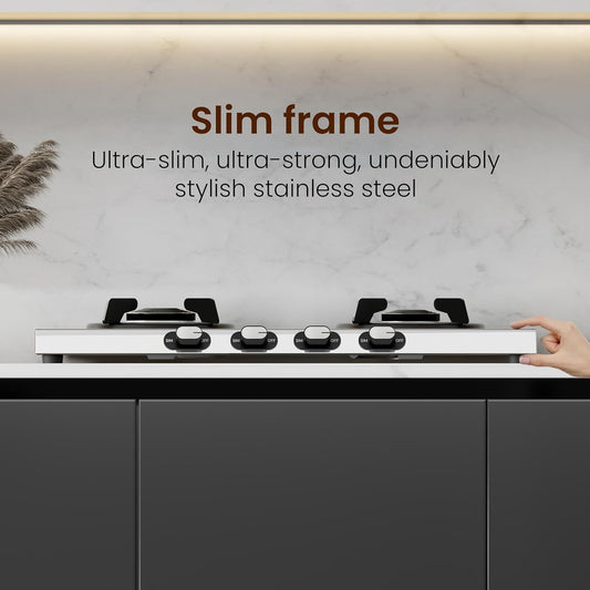Sunshine Brio Falcon 4 Burner | Ultra Slim 4 Burner Stainless Steel Gas Stove | Ergonomic Knob, Brass Burner, 5G Technology | Manual Ignition, LPG Ready & PNG Compatible (Silver)