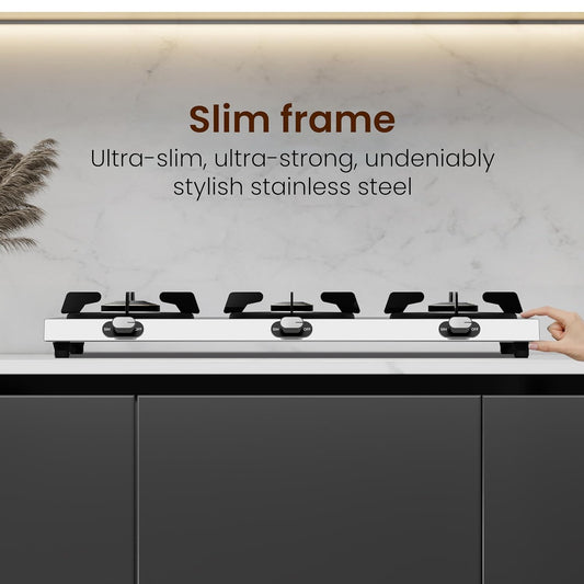 Sunshine Brio Falcon 3 Burner | Ultra Slim 3 Burner Stainless Steel Gas Stove | Ergonomic Knob | Manual Ignition | 5G technology, LPG Ready & PNG Compatible (Silver)