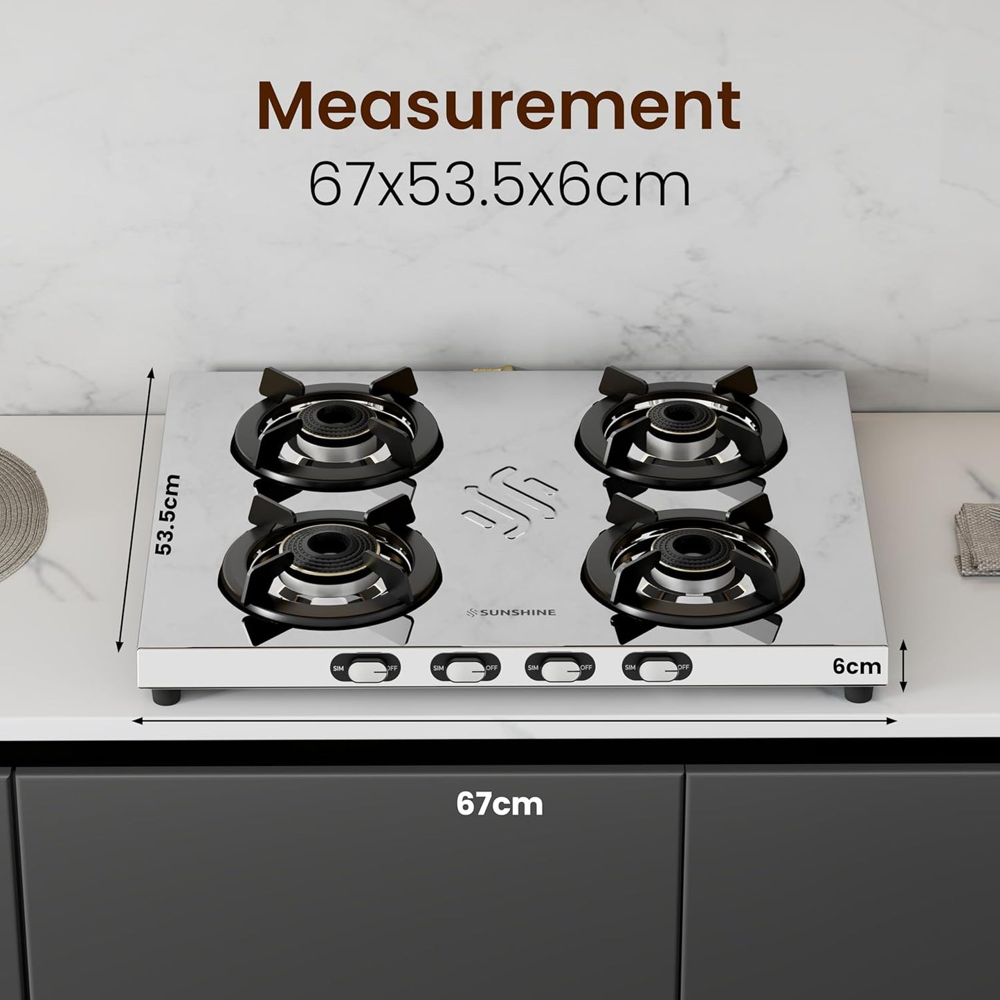 Sunshine Brio Falcon 4 Burner | Ultra Slim 4 Burner Stainless Steel Gas Stove | Ergonomic Knob, Brass Burner, 5G Technology | Manual Ignition, LPG Ready & PNG Compatible (Silver)