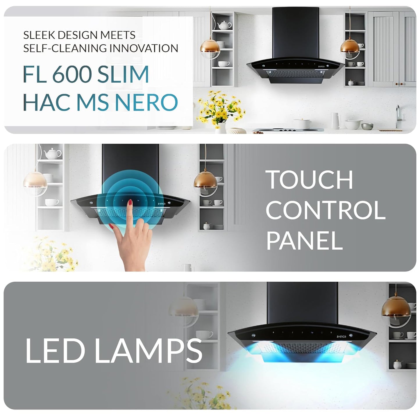Elica 60 cm 1200 m3/hr Filterless Autoclean Kitchen Chimney (FL 600 SLIM HAC MS NERO, Touch + Motion Sensor Control, Black)