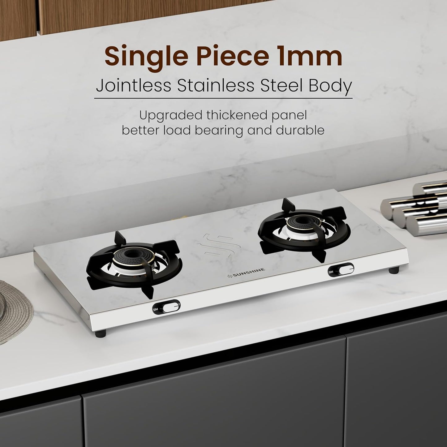 Sunshine Brio Falcon 2 Burner | Ultra Slim 2 Burner Stainless Steel Gas Stove | Ergonomic Knob, Brass Burner, 5G Technology | Manual Ignition, LPG Ready & PNG Compatible (Silver)