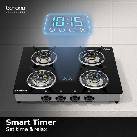 Beyond Appliances Auriga 4 Burner Smart Glass Gas Stove | Auto Ignition | Digital Timer | Flame Failure Device | Toughened Glass | ISI Certified | LPG & PNG Compatible Cooktop | PAN India Service