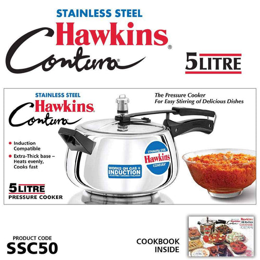 Hawkins 5 Litre Contura Pressure Cooker, Stainless Steel Inner Lid Cooker, Induction Cooker, Silver (SSC50)