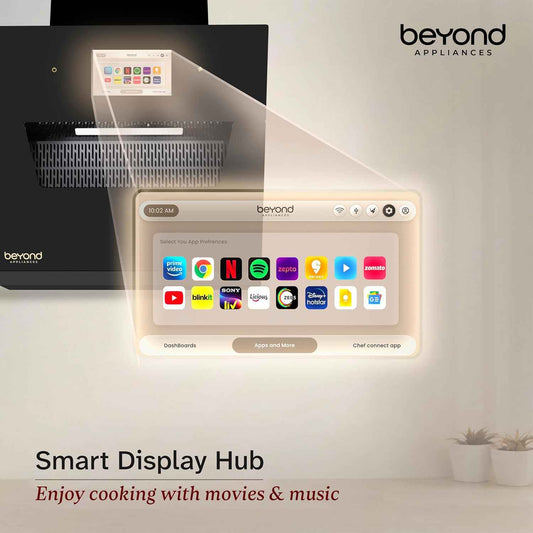 Beyond Appliances Eris 60cm Auto Clean Slant Kitchen Chimney | 1500 CMH Suction | Filterless | Smart Touchscreen Display | Touch Control | Black | PAN INDIA SERVICE