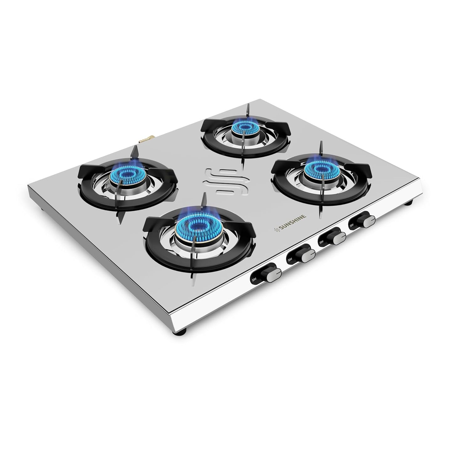 Sunshine Brio Falcon 4 Burner | Ultra Slim 4 Burner Stainless Steel Gas Stove | Ergonomic Knob, Brass Burner, 5G Technology | Manual Ignition, LPG Ready & PNG Compatible (Silver)