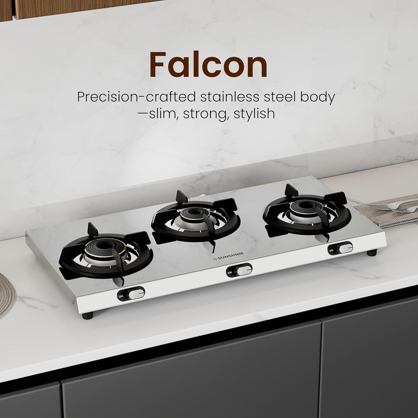 Sunshine Brio Falcon 3 Burner | Ultra Slim 3 Burner Stainless Steel Gas Stove | Ergonomic Knob | Manual Ignition | 5G technology, LPG Ready & PNG Compatible (Silver)