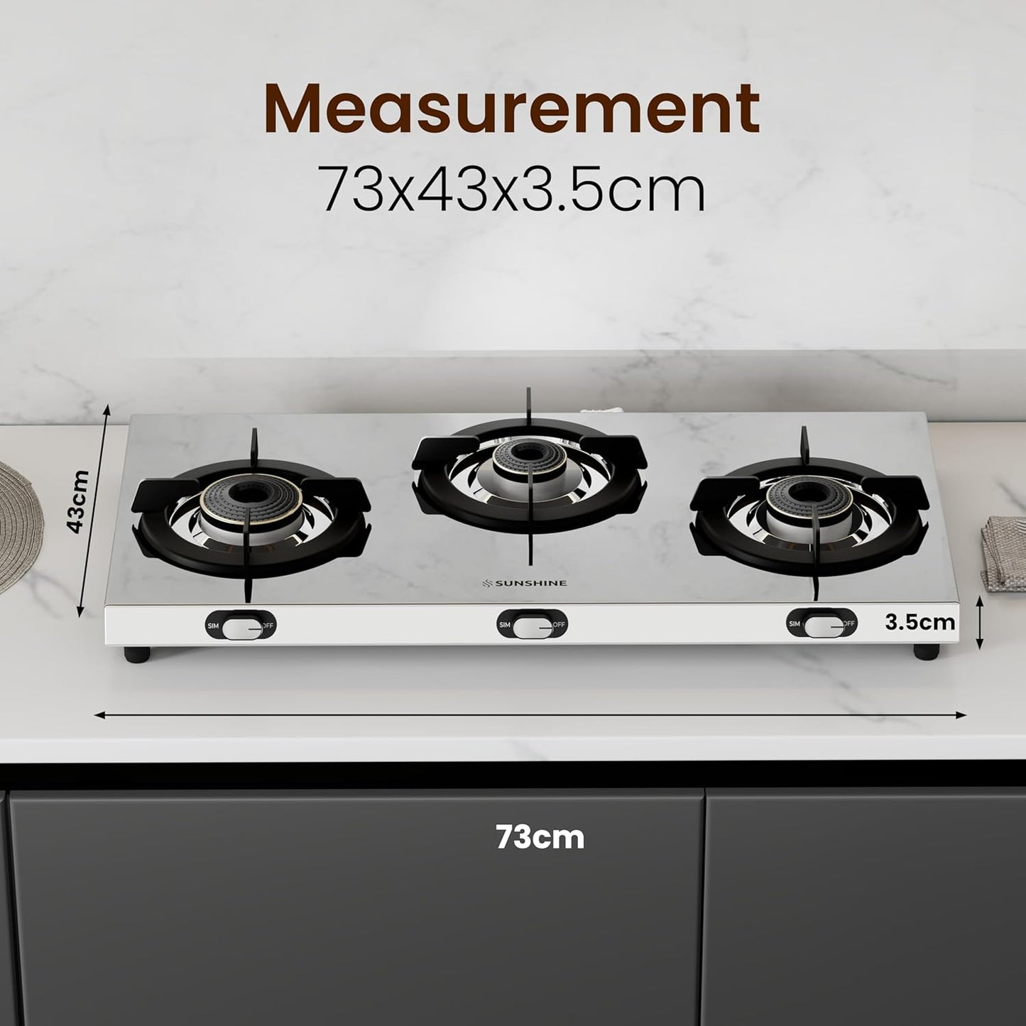Sunshine Brio Falcon 3 Burner | Ultra Slim 3 Burner Stainless Steel Gas Stove | Ergonomic Knob | Manual Ignition | 5G technology, LPG Ready & PNG Compatible (Silver)