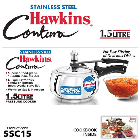 Hawkins 1.5 Litre Stainless Steel Contura Pressure Cooker, Inner Lid Induction Baby Cooker, Silver (SSC15)