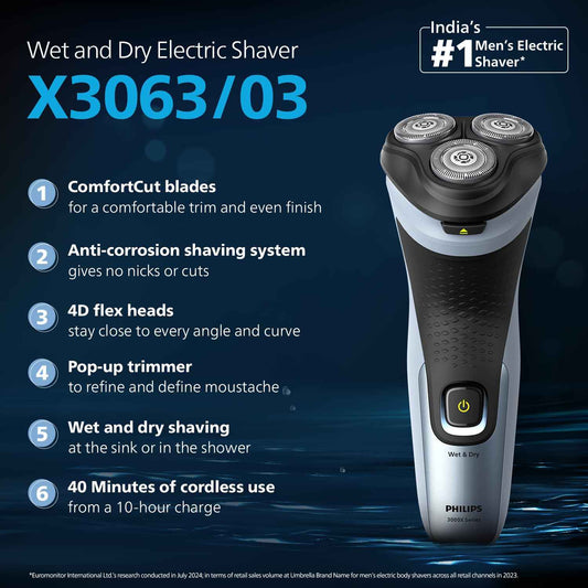Philips Electric Shaver For Men, Skinprotect Technology, Wet And Dry Shave, 3D Floating Heads, 27 Self Sharpening Blades, Pop-Up Trimmer, Cordless, Waterproof X3063/03 (New Model), Blue