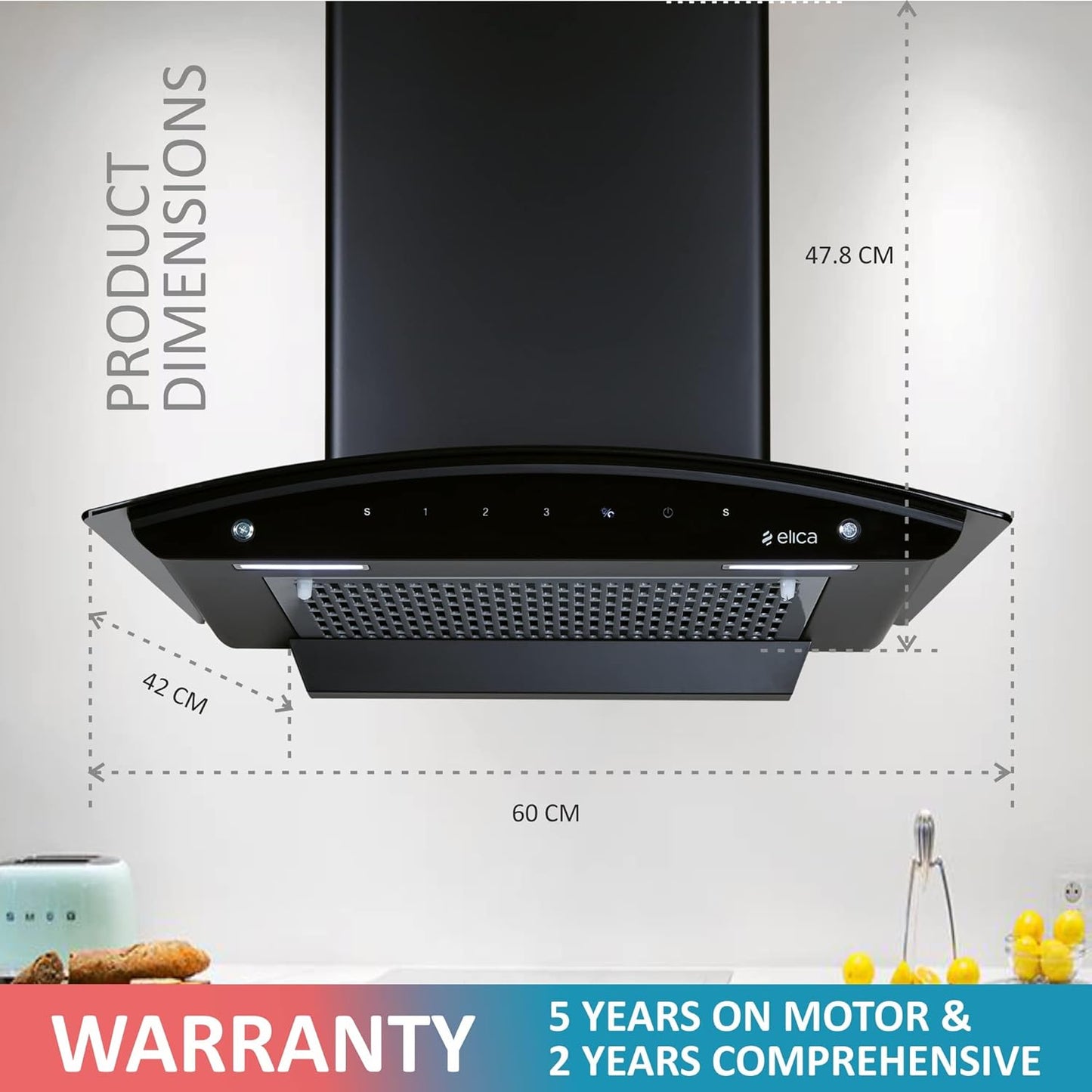 Elica 60 cm 1200 m3/hr Filterless Autoclean Kitchen Chimney (FL 600 SLIM HAC MS NERO, Touch + Motion Sensor Control, Black)