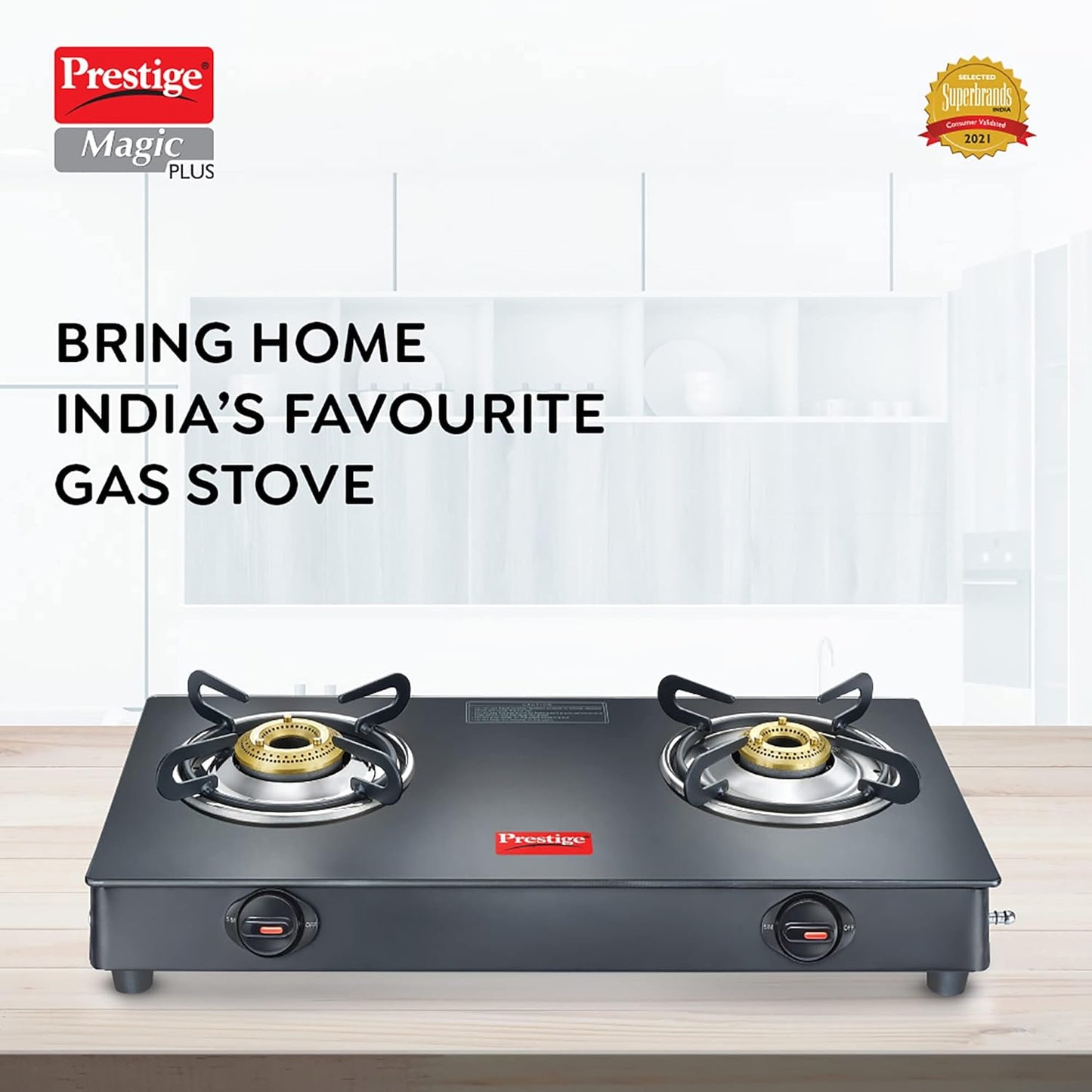 Prestige Magic plus Toughened Glass-Top 2 Brass Burner LPG Gas Stove(GTMP-02) | Black Spill Proof Design | Ergonomic Knob | Tri-Pin Burner