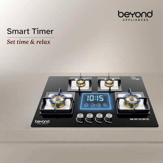 Beyond Appliances Dorado 4 Burner Smart Glass Hobtop Gas Stove | Auto Ignition | Digital Timer | Flame Failure Device | Toughened Glass | LPG & PNG Compatible Kitchen Etto