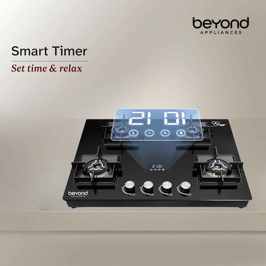 Beyond Appliances Solaria Premium 4 Burner Smart Gas Stove | Auto Ignition | Digital Timer | Flame Failure Device | Toughened Glass | ISI Certified | LPG & PNG Compatible Cooktop | PAN India Service