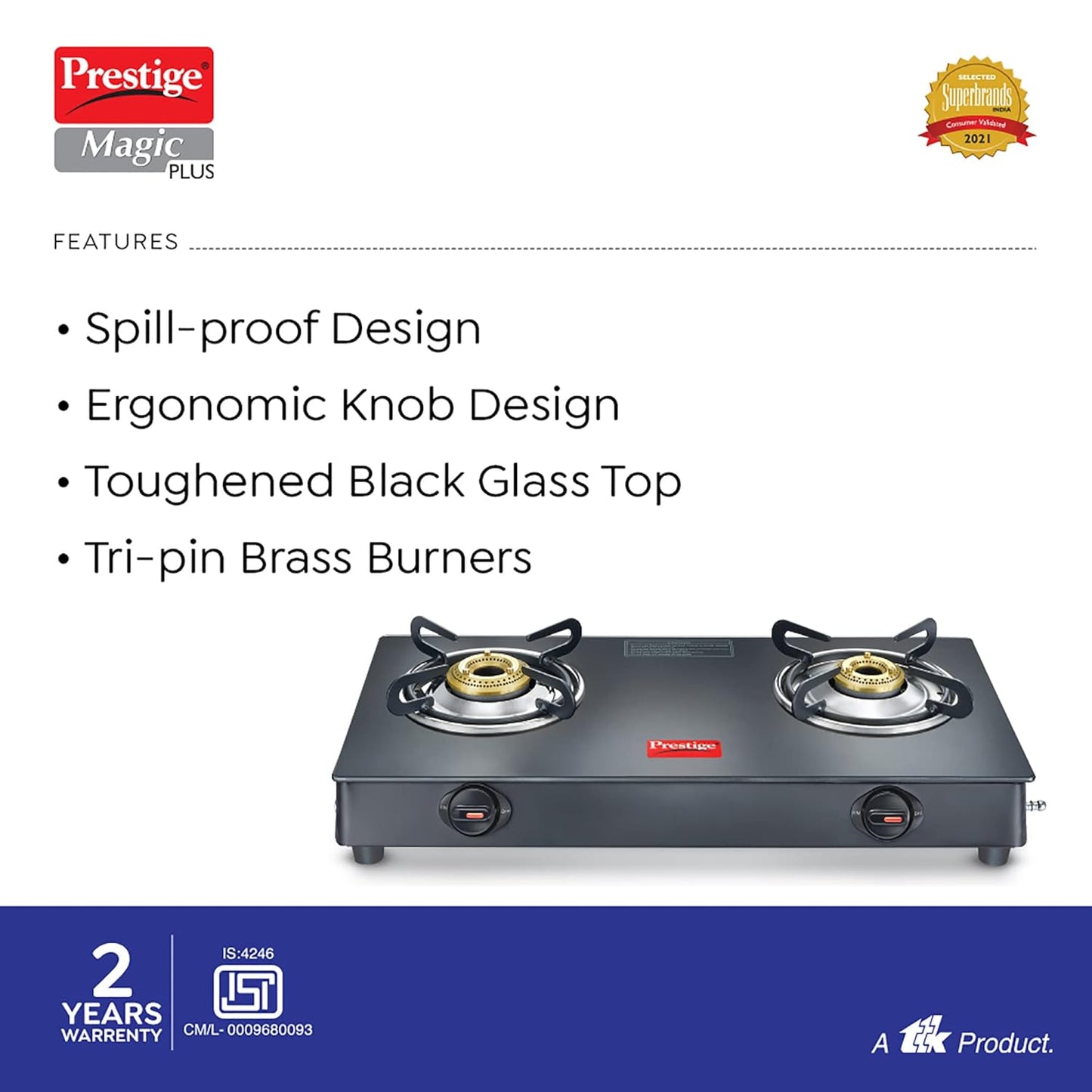 Prestige Magic plus Toughened Glass-Top 2 Brass Burner LPG Gas Stove(GTMP-02) | Black Spill Proof Design | Ergonomic Knob | Tri-Pin Burner