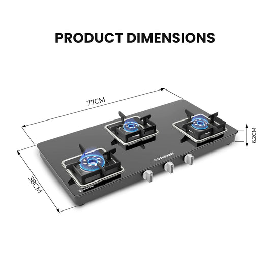 Sunshine Storm Aircross 3 Burner | Ultra Slimmest 3 Burner Gas Stove | Tempered Glass, Forged Brass Burner, 360°Rotating Brass Gas Nozzle | Manual Ignition | LPG Ready & PNG Compatible (Premium - Black)